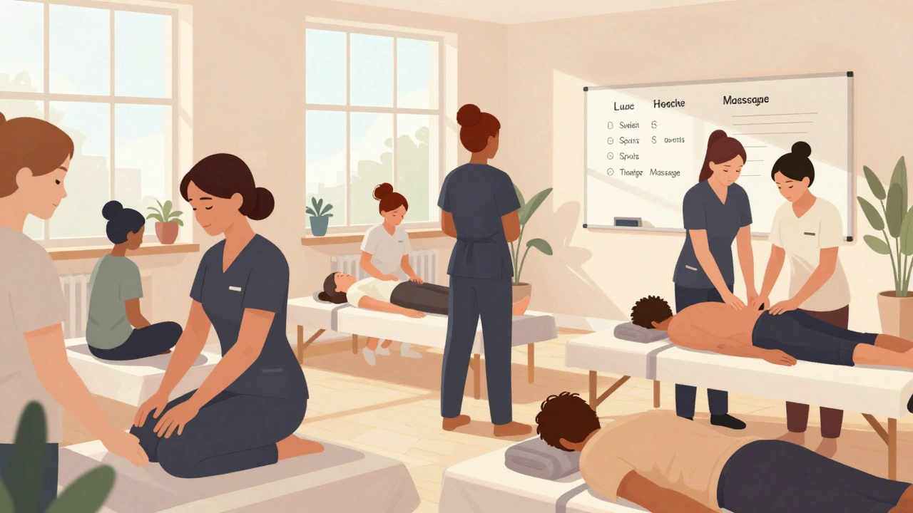 A group of certified massage therapists demonstrating different techniques in a community workshop.