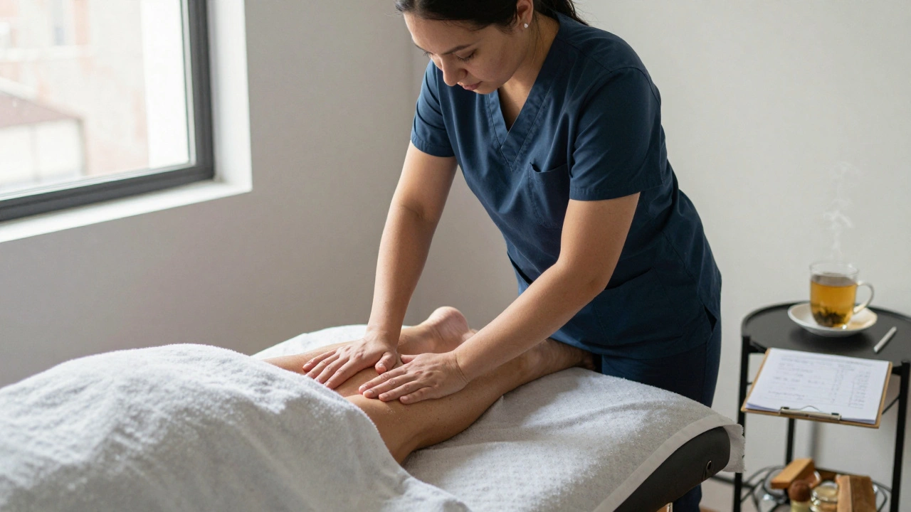 A mobile massage therapist working in a home setting with herbal tea and natural light.