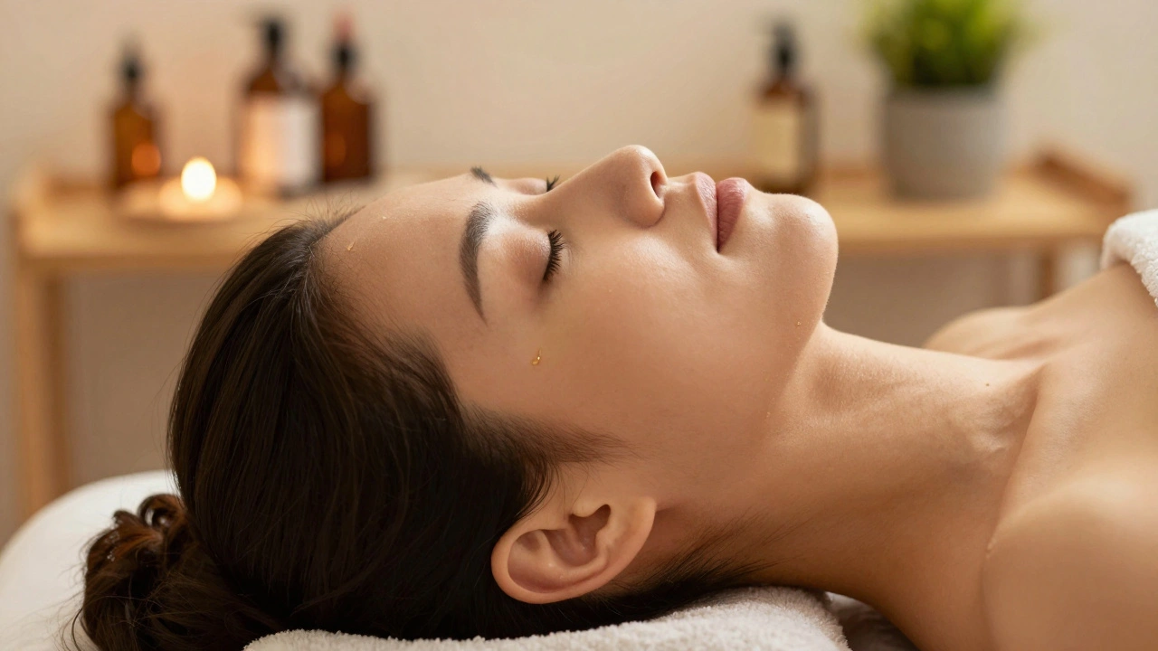 A person's face relaxed in deep calm during a massage, with soft light catching a drop of oil on their temple.