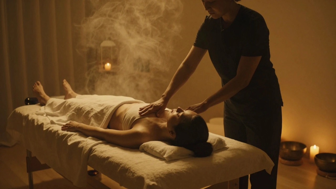 A person in deep relaxation on a massage table, surrounded by ambient lighting and mist, as a therapist moves in a slow, flowing motion above them.