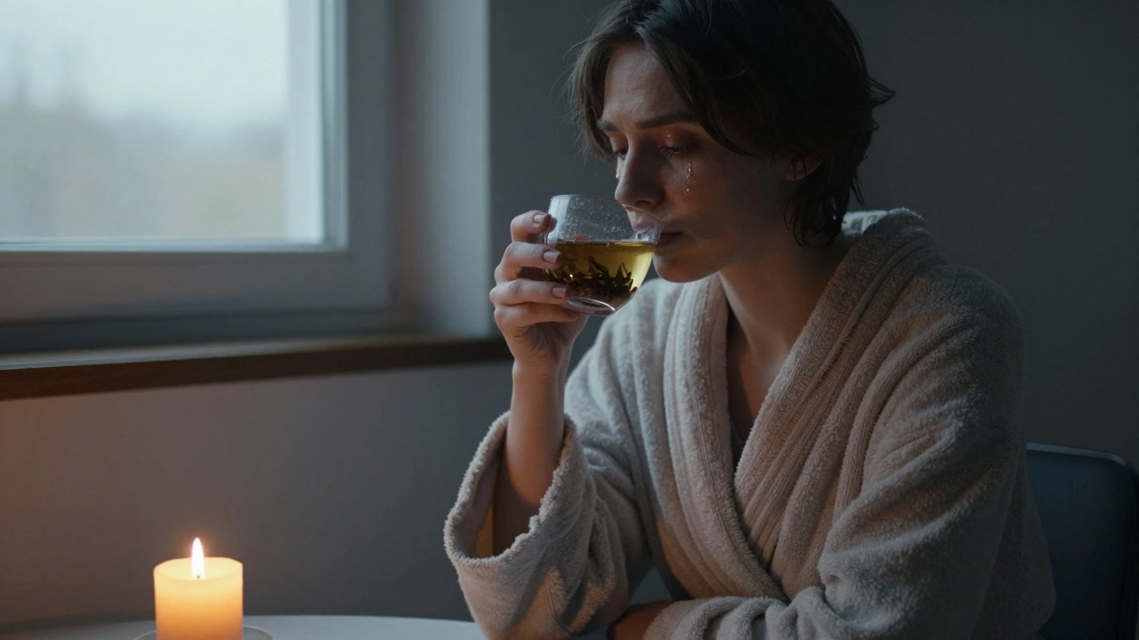 A person sitting alone after a session, wrapped in a robe, sipping tea at dawn, a quiet tear on their cheek.