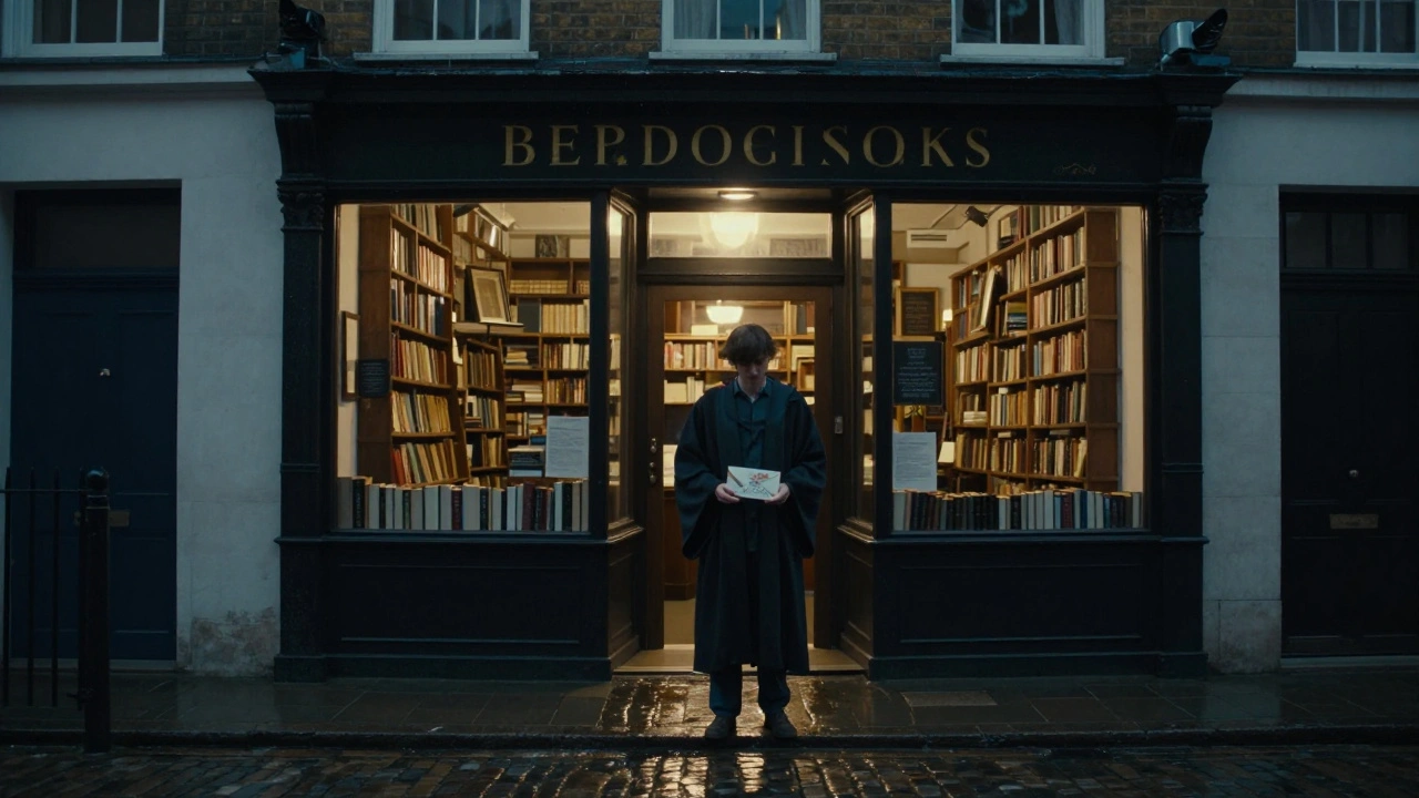 A person standing at a discreet London Bridge apartment entrance, holding a sealed appointment envelope in the twilight.