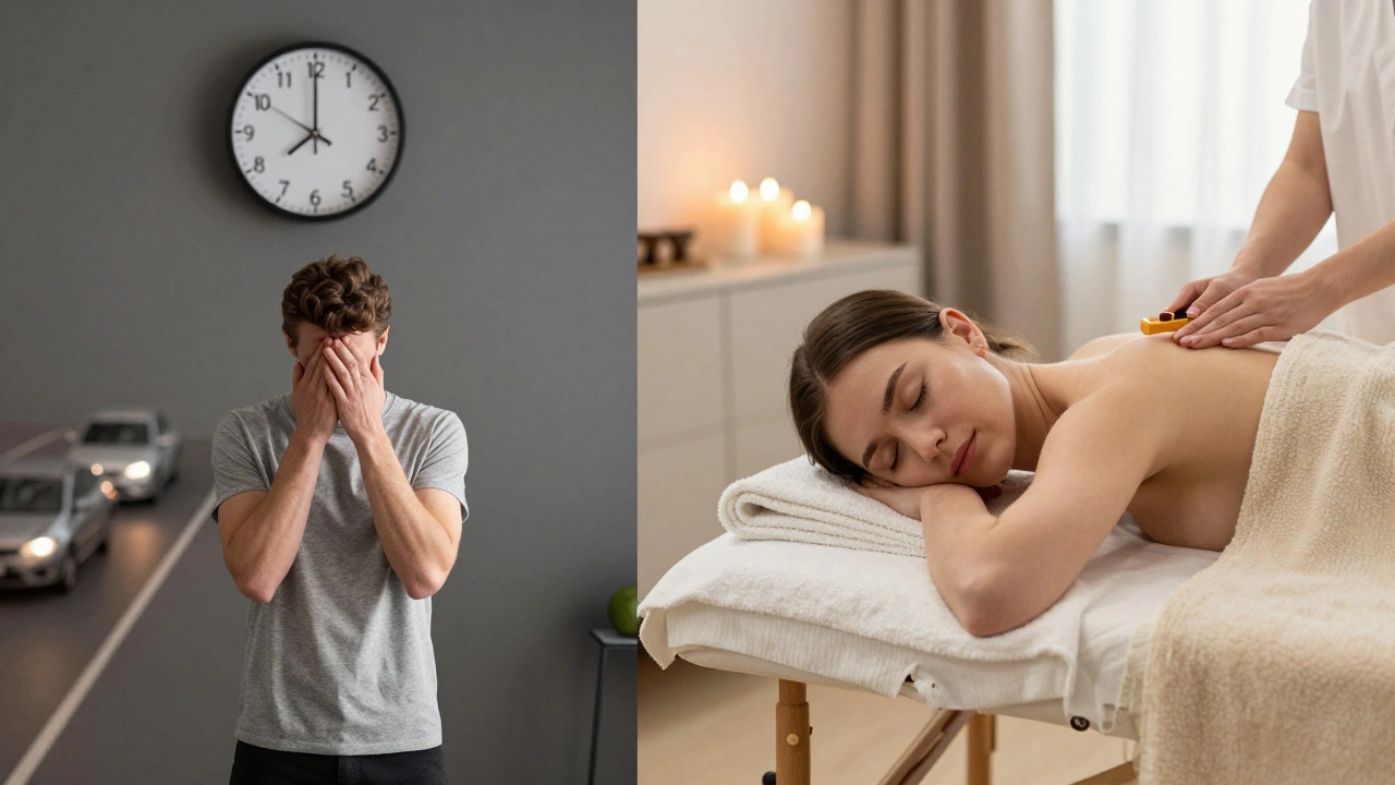 A split image contrasting stressful spa travel with peaceful at-home massage, highlighting convenience and relaxation.