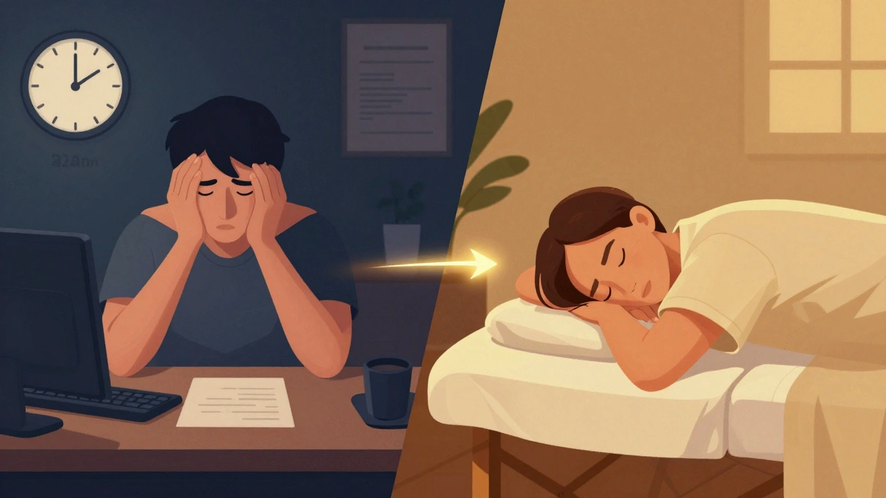 A stressed person at work contrasted with the same person deeply relaxed during a massage, symbolizing the shift from stress to calm.