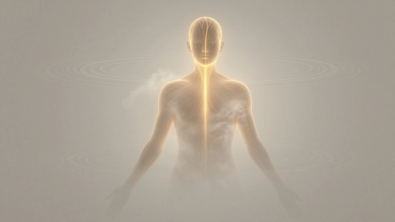 An abstract representation of energy flow through the body, with golden light dissolving tension.