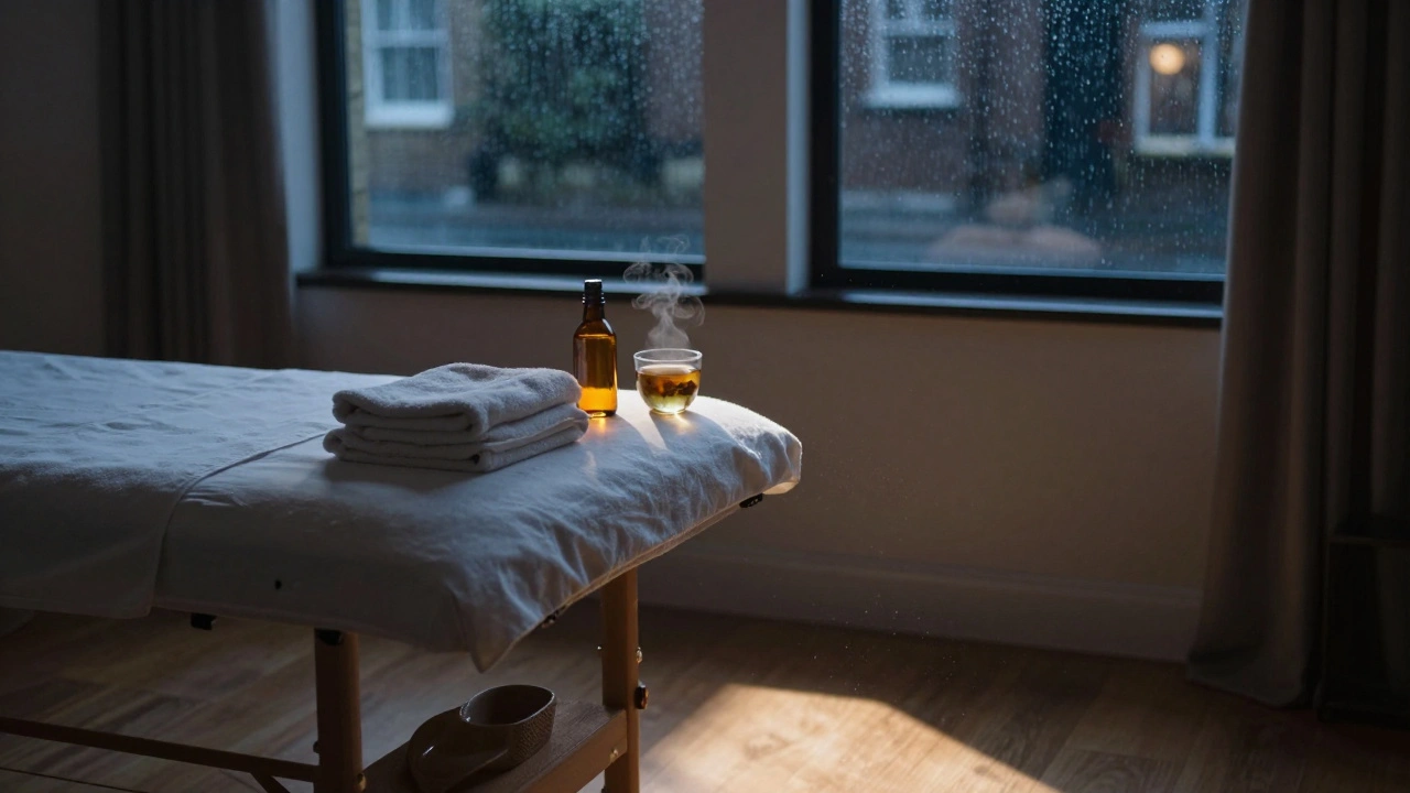 An empty massage room after a session, with oil, tea, and moonlight on the floor.