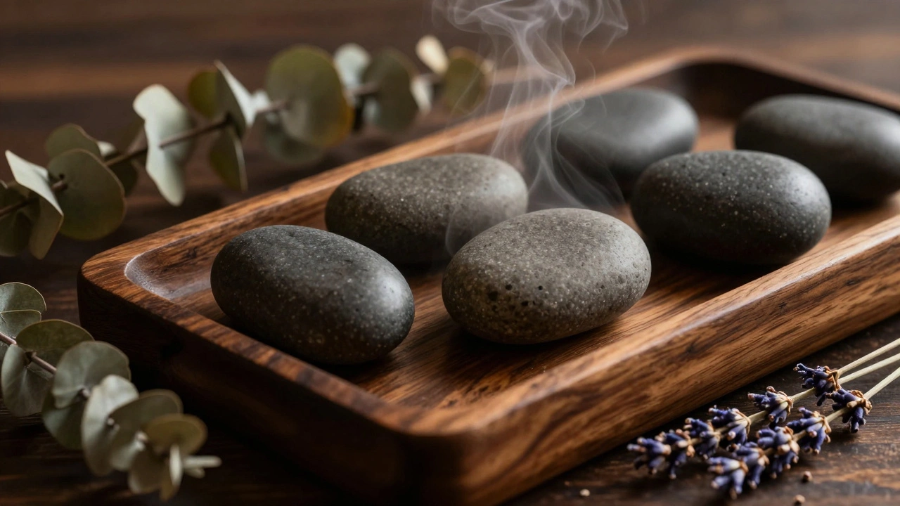 Basalt hot stones on wooden tray with steam and eucalyptus.