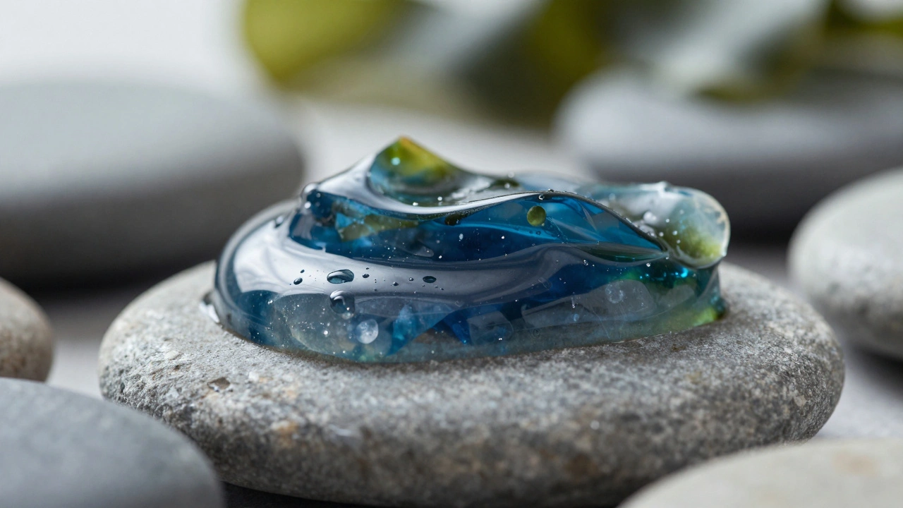 Close-up of clear seaweed gel droplets on smooth stones.