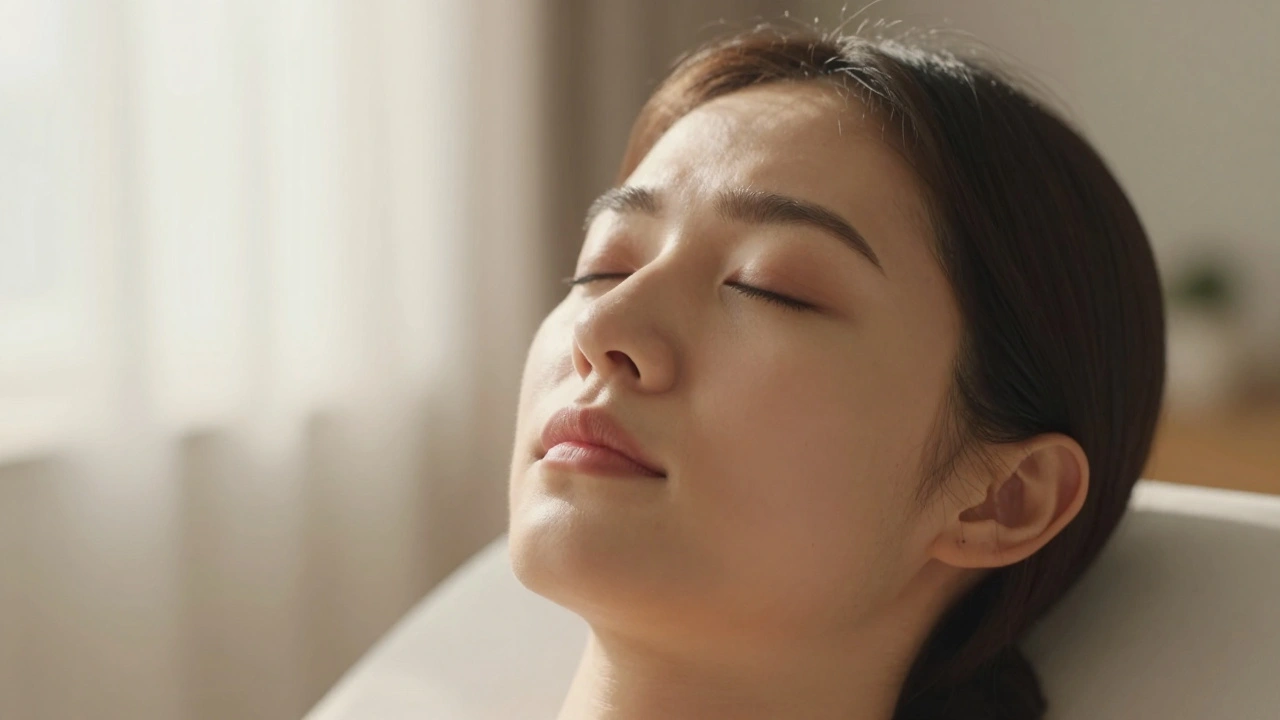 Close up of relaxed person with eyes closed in soft light.