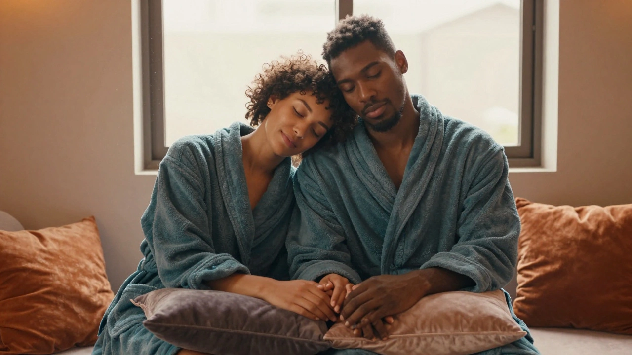 Couple holding hands in robes sitting calmly in lounge.