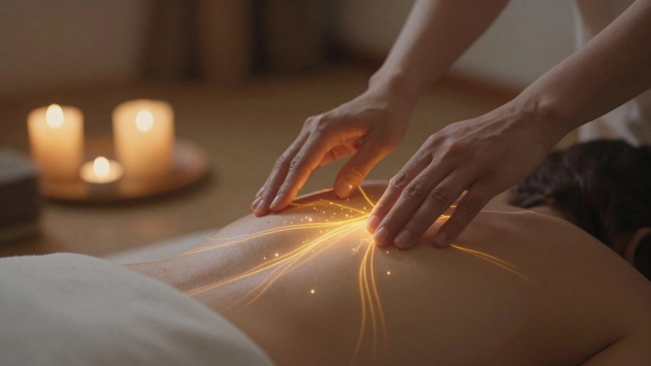 Hands hovering gently above a person's back, with faint golden energy lines shimmering in the air around them.