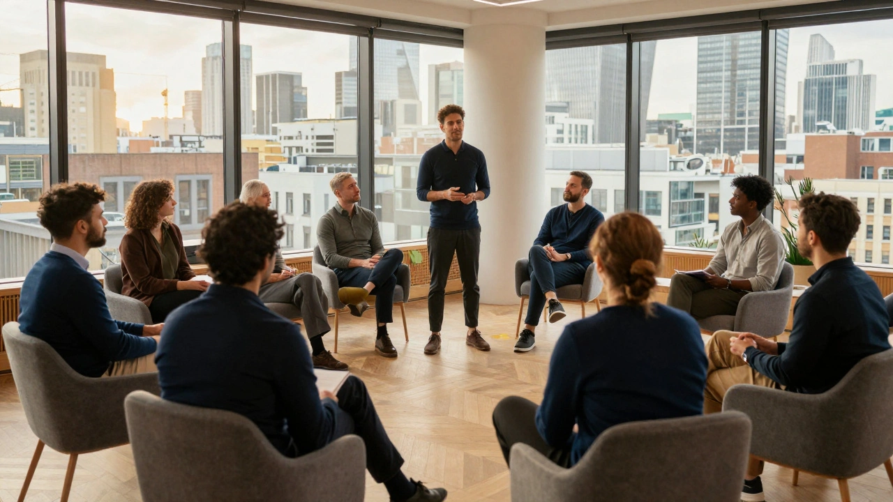 Men attending health education seminar in modern meeting space