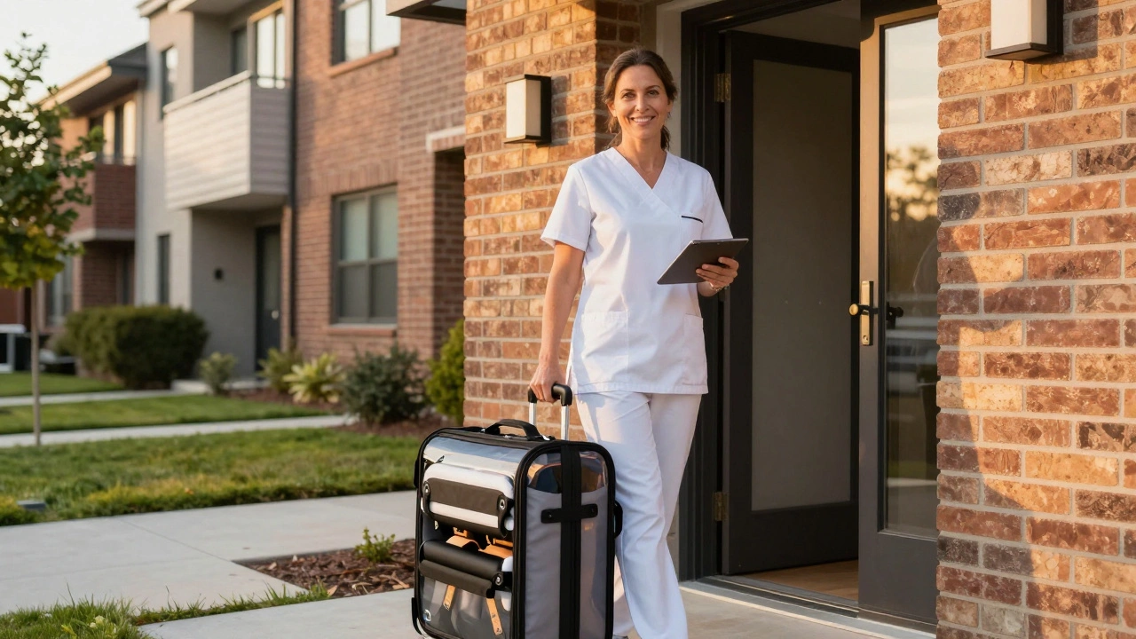 Mobile therapist arriving with equipment case at doorstep