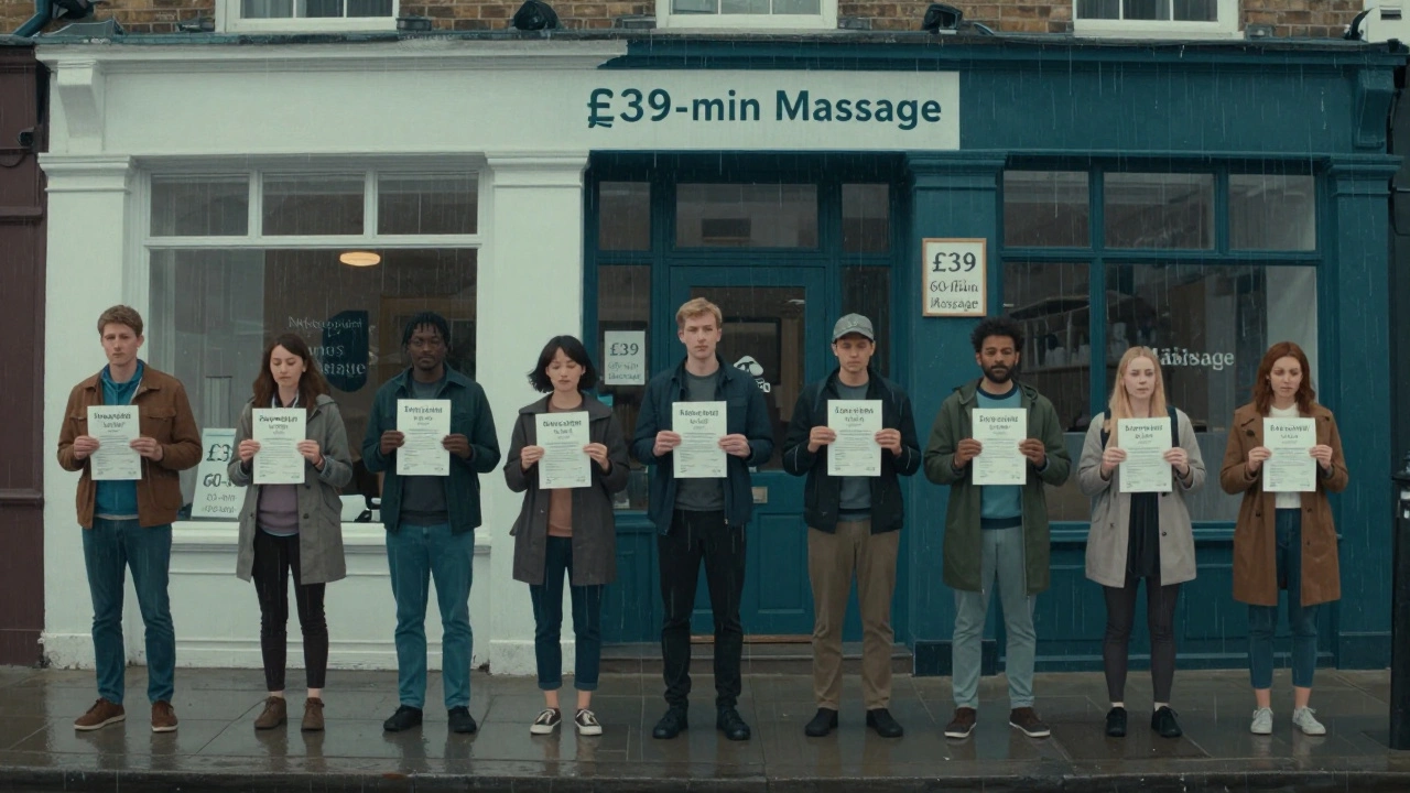 People in London holding massage deal flyers outside local clinics in Camden, Peckham, and Brixton, representing affordable therapy options across the city.