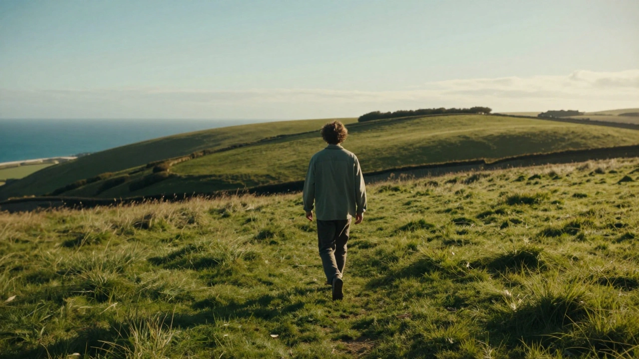 Person walking confidently on a sunny hillside with restored mobility.