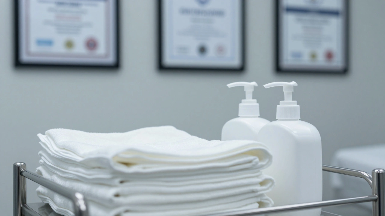 Pristine white linens and certification frames in clean room.
