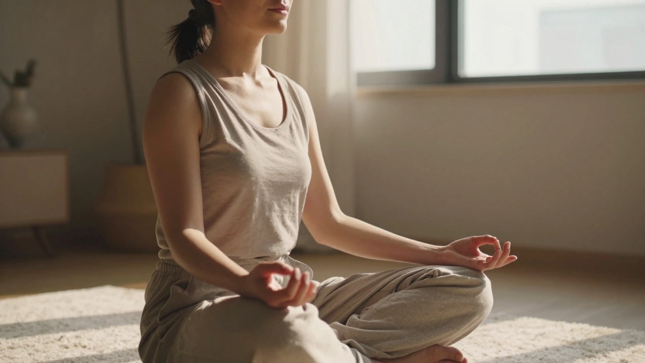 Relaxed woman meditating with eyes closed.