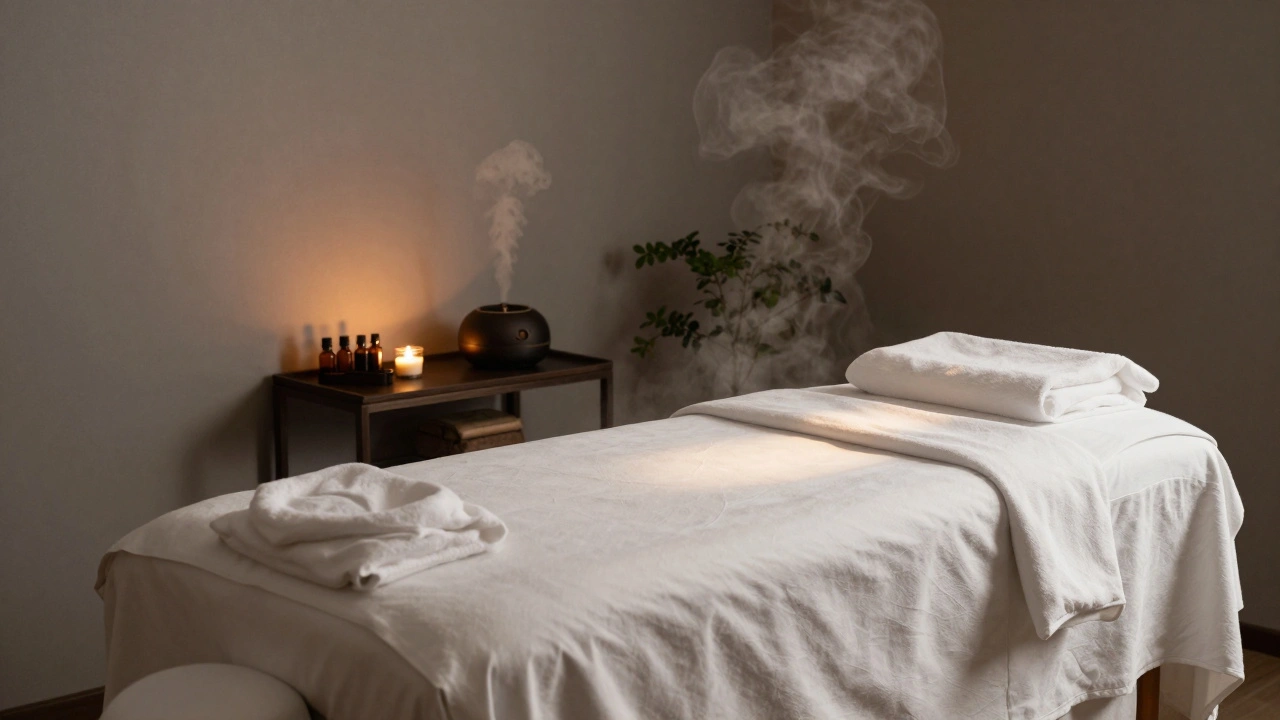 Serene spa treatment room with massage table and ambient lighting