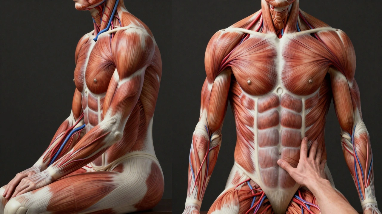 Split torso illustration showing tense muscles on one side and relaxed, restored muscles on the other after massage.