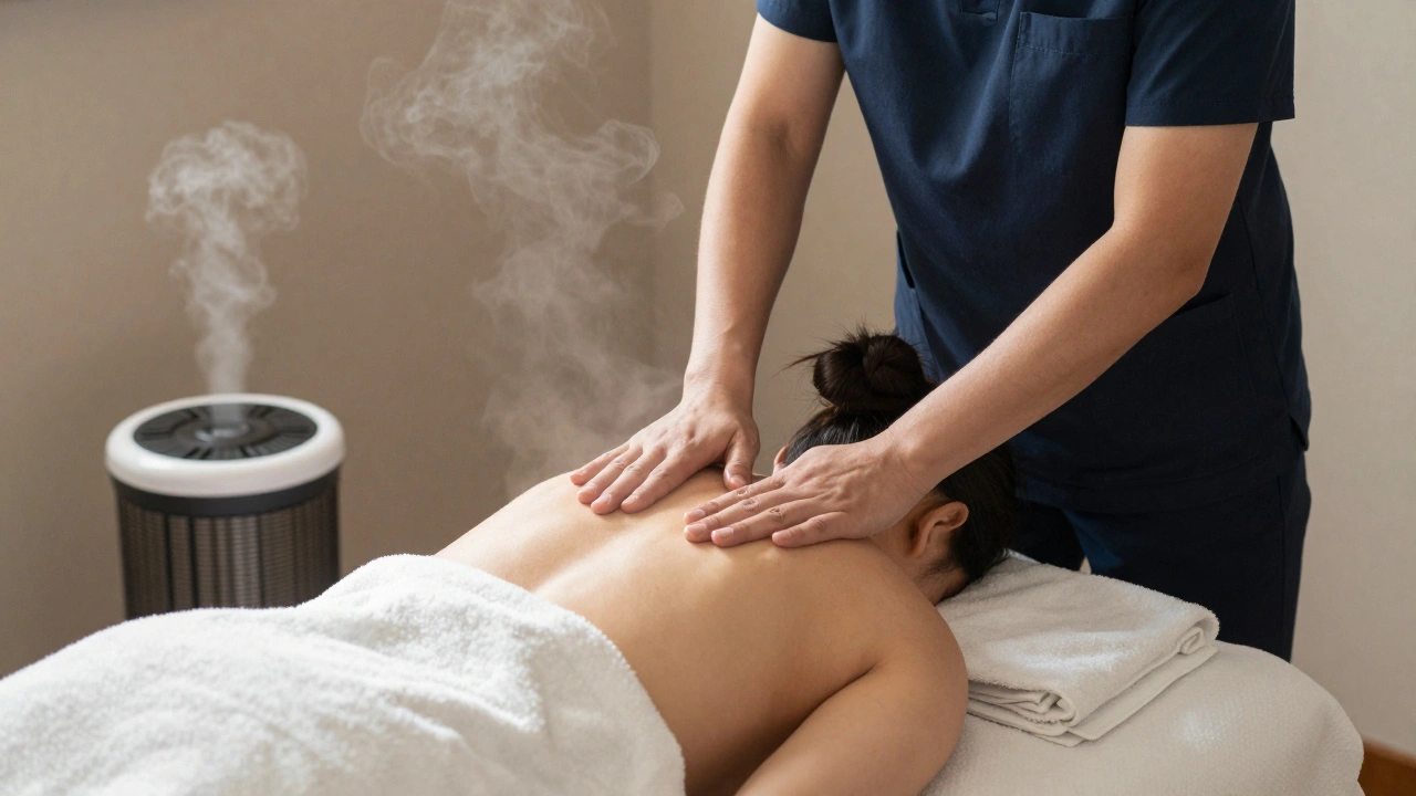 Therapist giving a deep tissue massage to an office worker’s shoulders in a quiet, peaceful room.