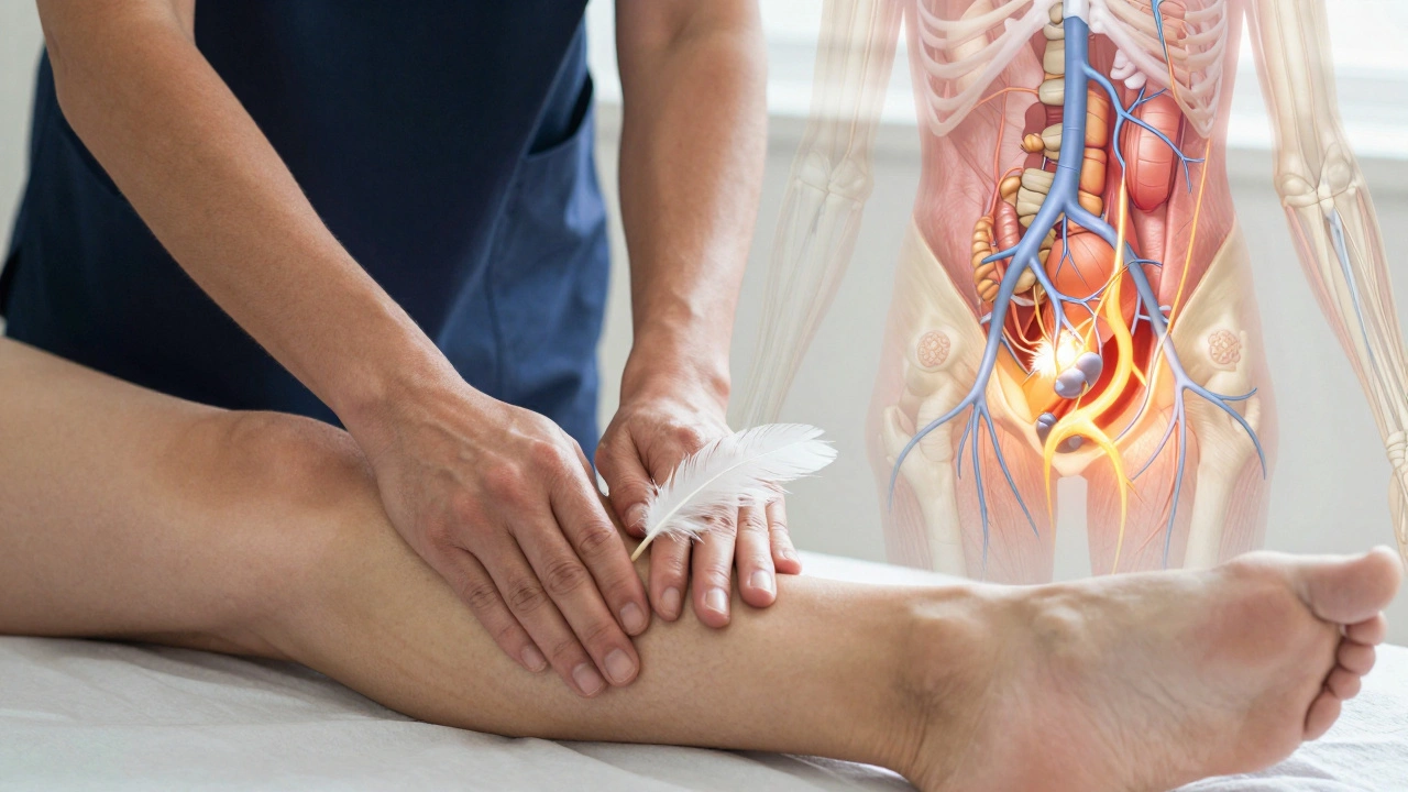 Therapist performing gentle lymphatic drainage on a leg while translucent lymph vessels glow beneath the skin, showing fluid movement.