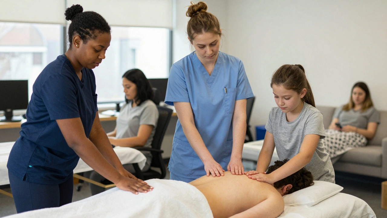Three different people receiving short relaxation massages in everyday UK settings — office, community center, and home.