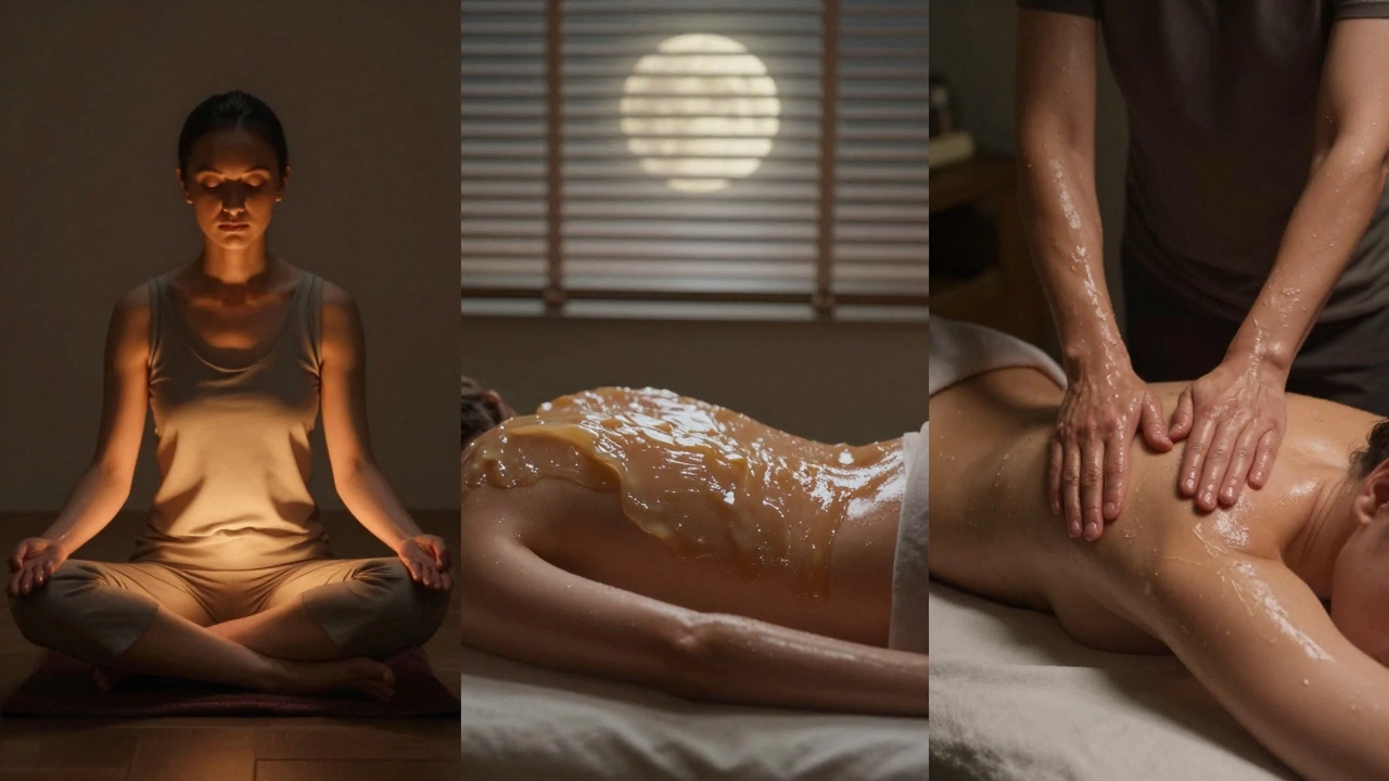 Three distinct erotic massage styles in London: Tantric, Nuru, and Classic, each depicted with subtle light and intimate body language.