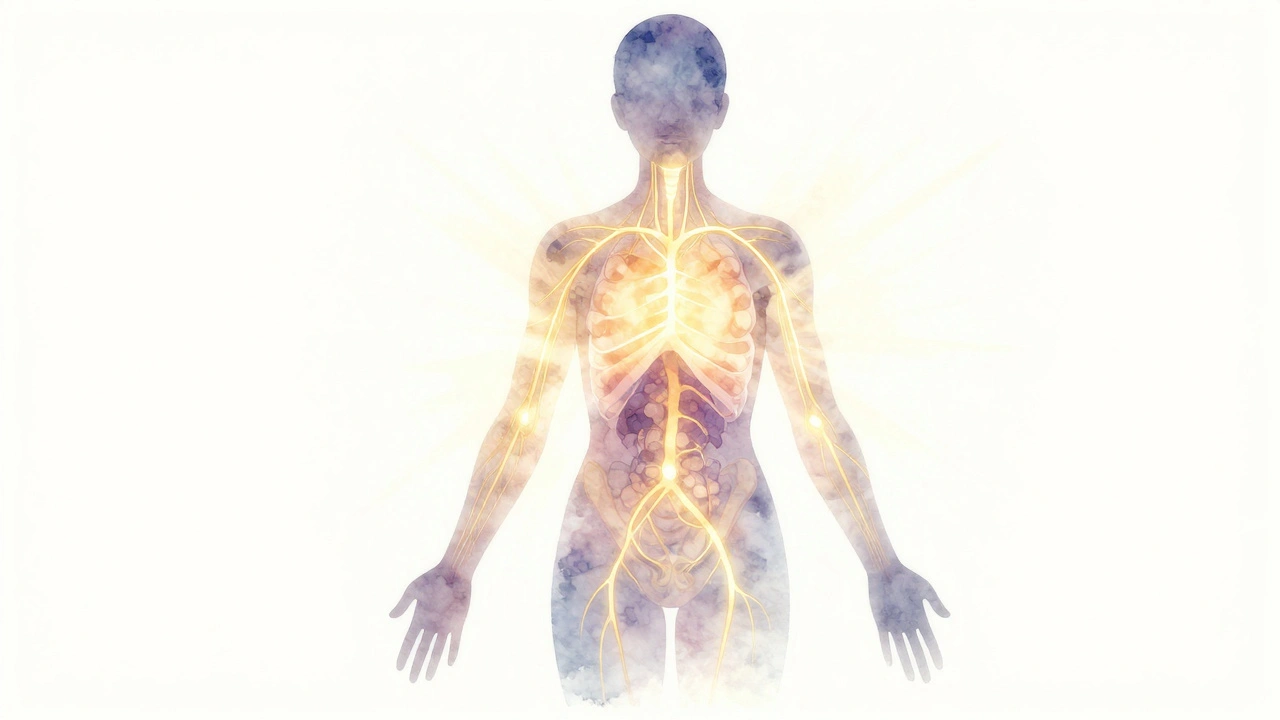 Translucent figure with glowing golden internal energy pathways.