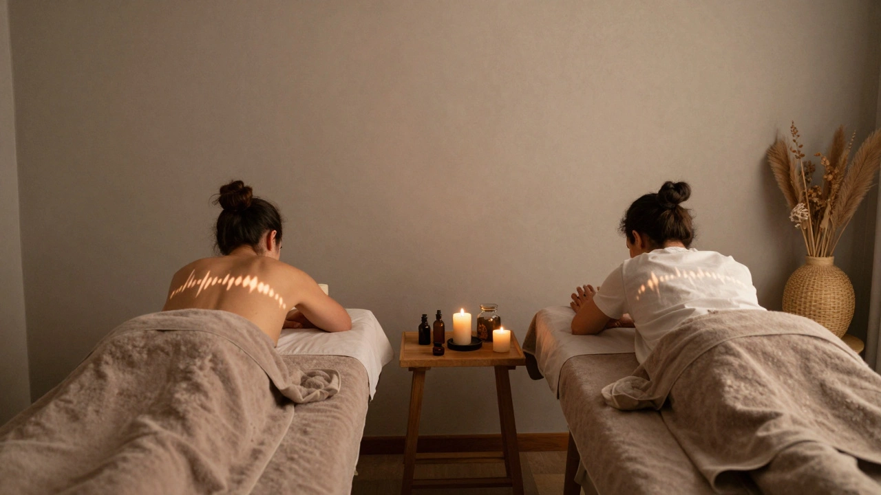 Two clients receiving side-by-side massages in a sustainable East London studio, draped in towels with organic oil jars nearby.