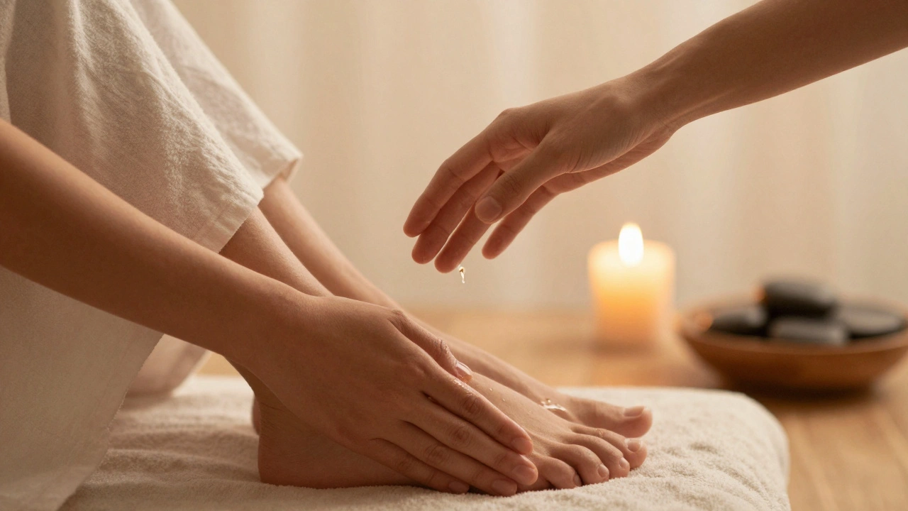 Two hands in gentle motion above a foot, oil shimmering softly, in a serene room with a candle and heated stones, no faces visible.