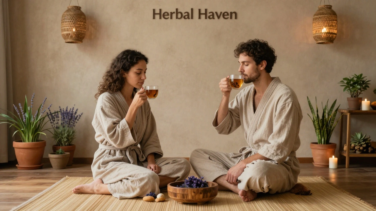 Two people sitting quietly together after a massage, sipping tea in a cozy, herb-filled spa room.