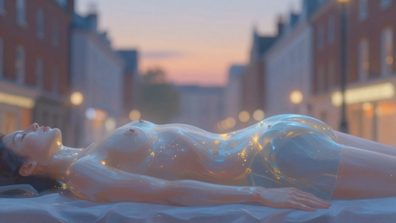 Two silhouetted figures in a glowing, gel-covered embrace during a Nuru massage.